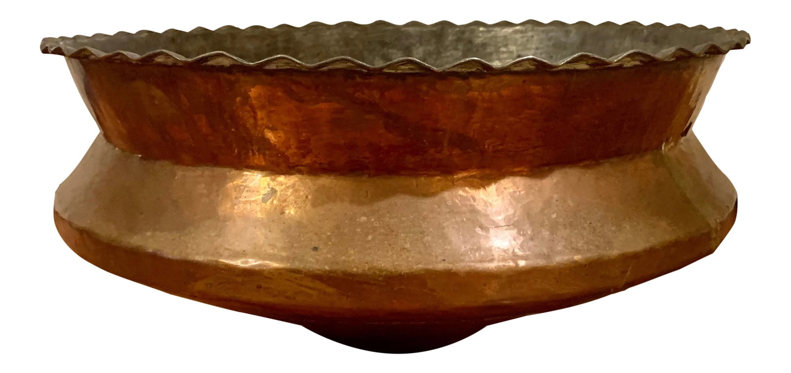Persian Hammered Copper Bowl: Vintage hammered Persian coppered bowl with etched edge. It has been used as plant pot in the past. Condition: Alterations: Original Condition Unaltered Imperfections: Some Imperfections Condition Not