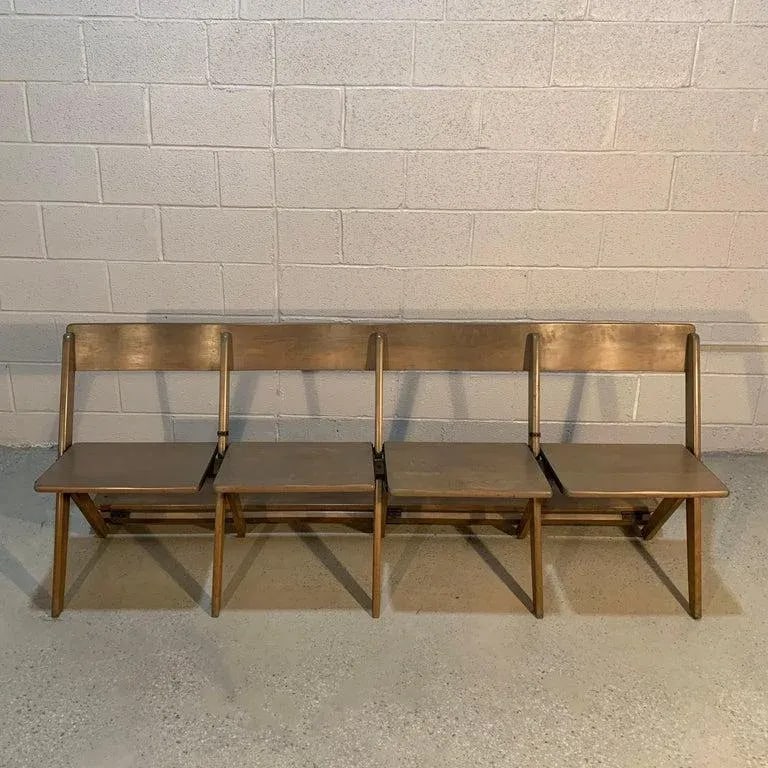 Mid Century Pickled Maple Folding Auditorium Theater Bench - 2