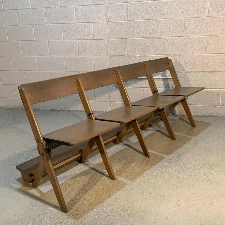 Mid Century Pickled Maple Folding Auditorium Theater Bench - 3