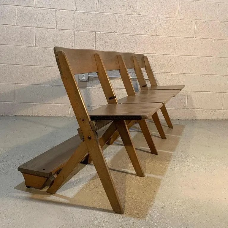 Mid Century Pickled Maple Folding Auditorium Theater Bench - 4