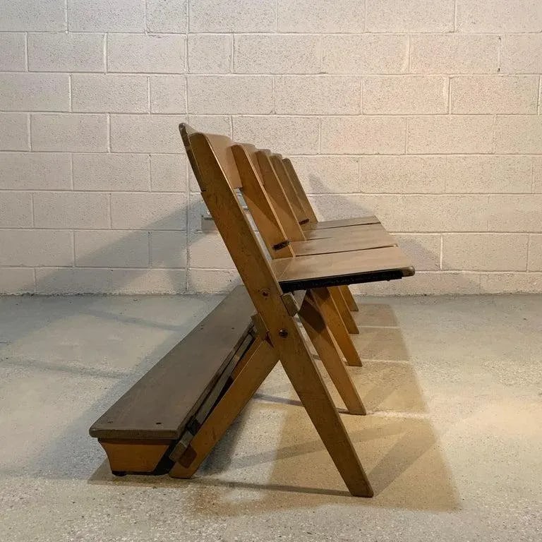 Mid Century Pickled Maple Folding Auditorium Theater Bench - 5