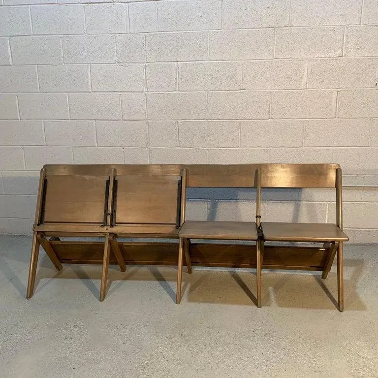 Mid Century Pickled Maple Folding Auditorium Theater Bench - 6