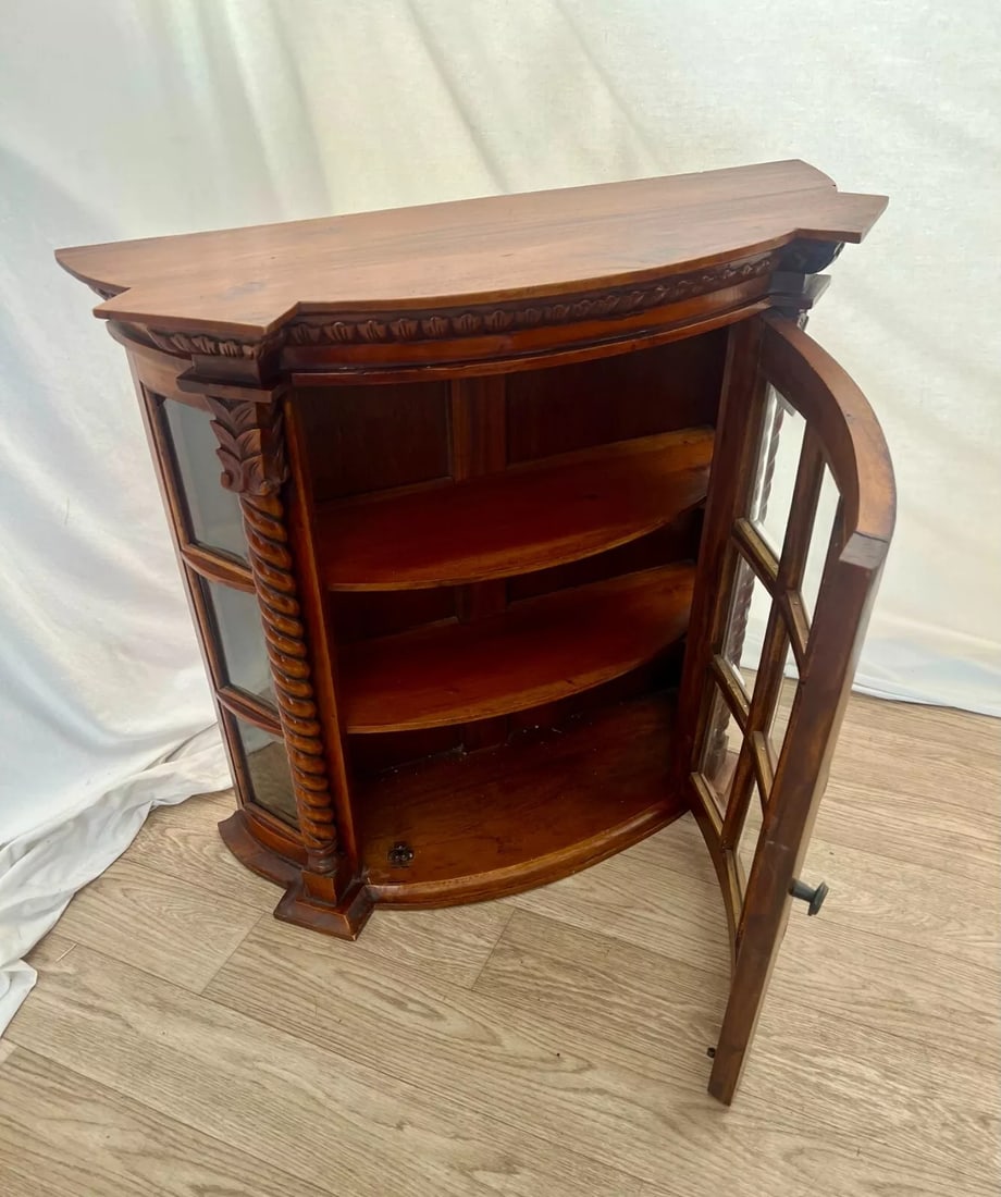 1950s Vintage China Cabinet Curio Beveled Glass Curved Door Barley Twist Column Petite - 2