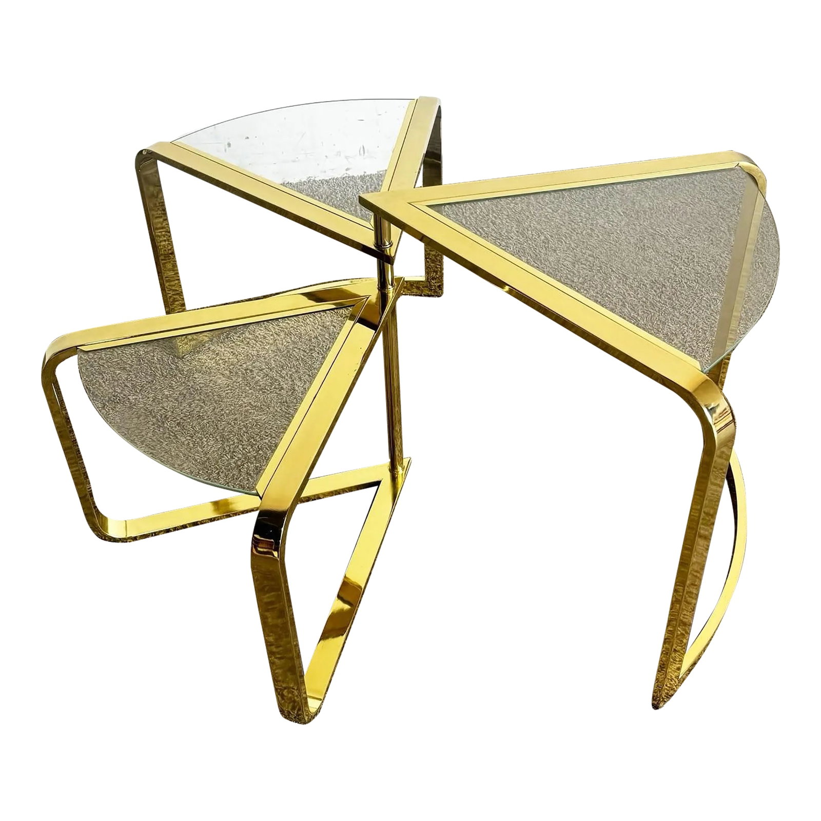 Mid Century Modern Gold Fan Coffee Nesting Table - Three Tier: This stunning Mid-Century Modern gold fan nesting table set features a sleek, tiered design with gleaming brass frames and glass tops. The three-tier structure showcases a sophisticated fan-like