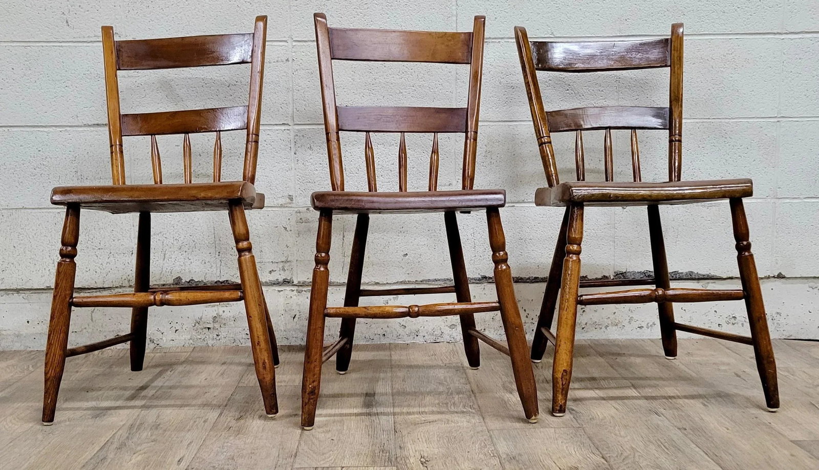 Antique Primitive Handmade Farmhouse Plank Seat Spindle Back Chairs - Set of 3 - 2