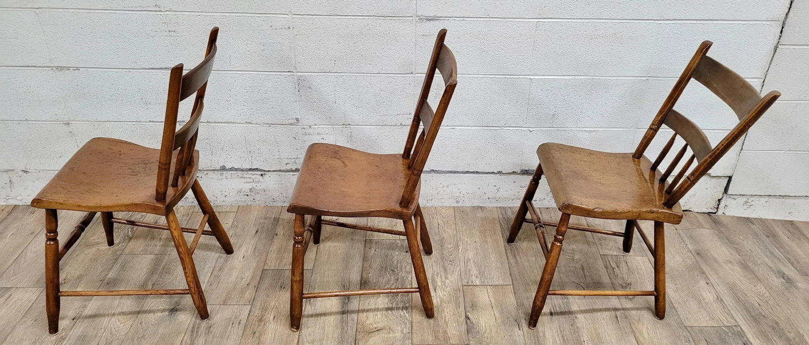 Antique Primitive Handmade Farmhouse Plank Seat Spindle Back Chairs - Set of 3 - 3