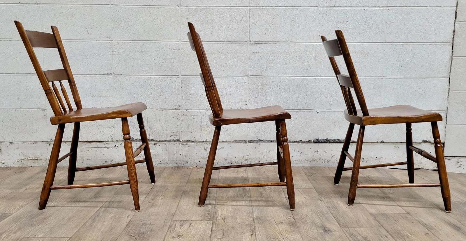 Antique Primitive Handmade Farmhouse Plank Seat Spindle Back Chairs - Set of 3 - 4
