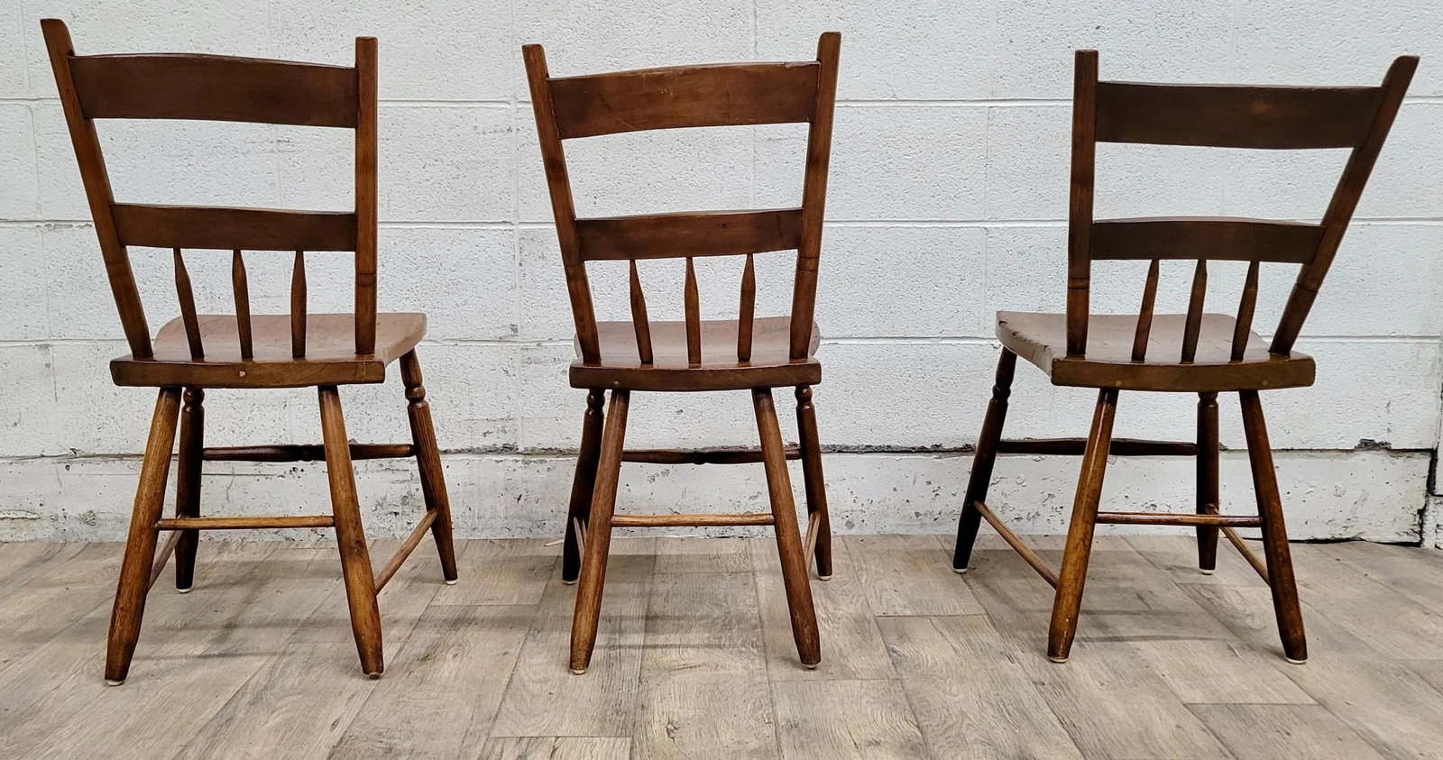 Antique Primitive Handmade Farmhouse Plank Seat Spindle Back Chairs - Set of 3 - 5