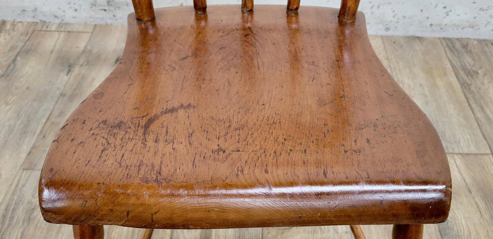 Antique Primitive Handmade Farmhouse Plank Seat Spindle Back Chairs - Set of 3 - 6