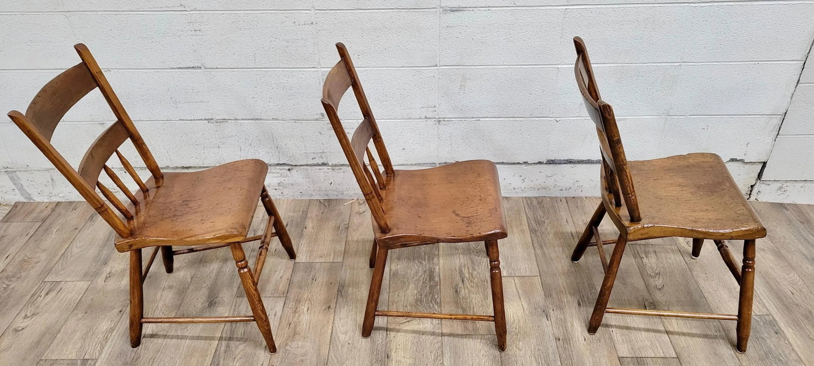 Antique Primitive Handmade Farmhouse Plank Seat Spindle Back Chairs - Set of 3 - 9