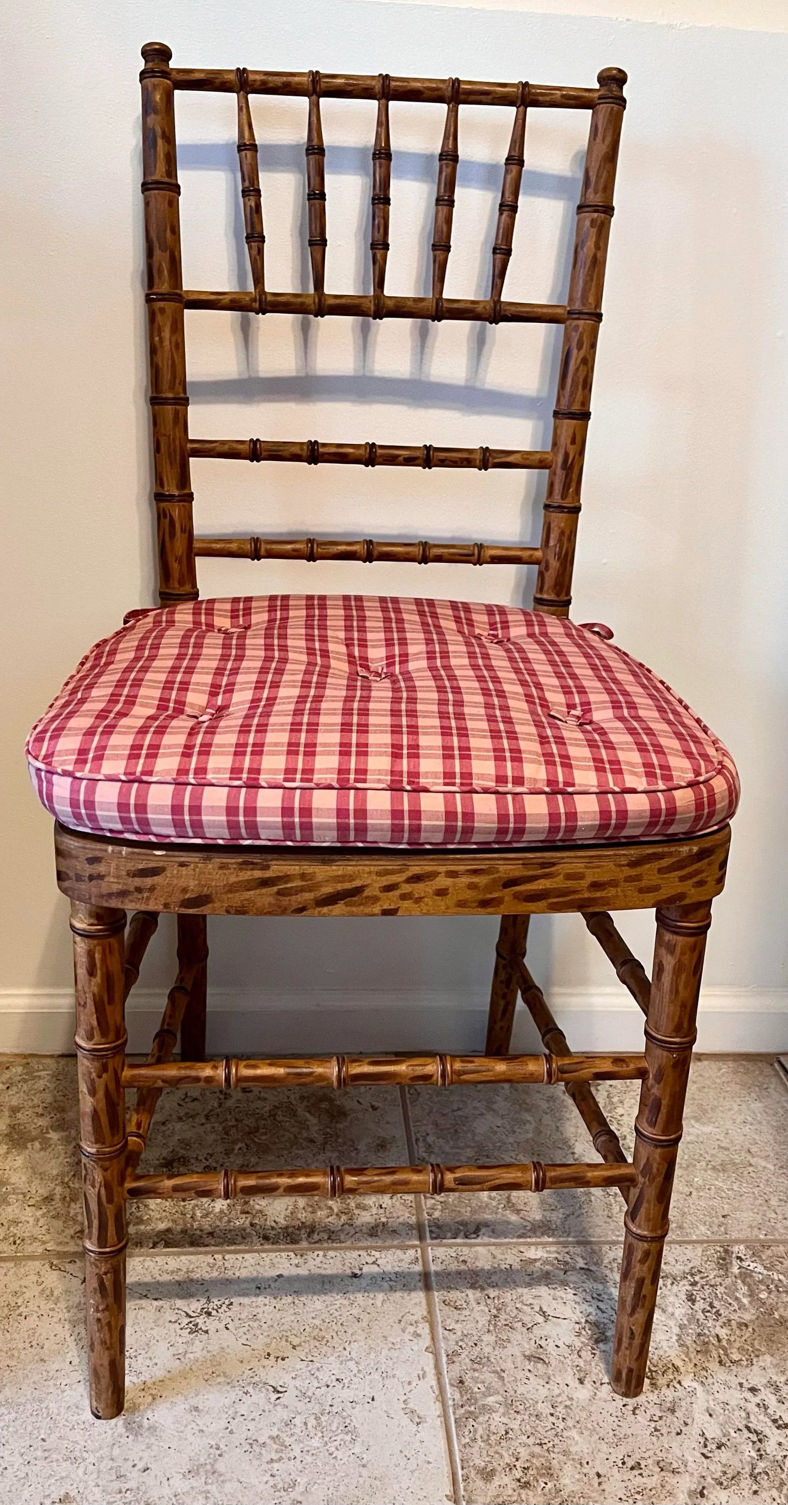 Mid 20th Century Faux Bamboo Tortoise Shell Finish Chair Made in Spain With Custom Red Raspberry Che - 2