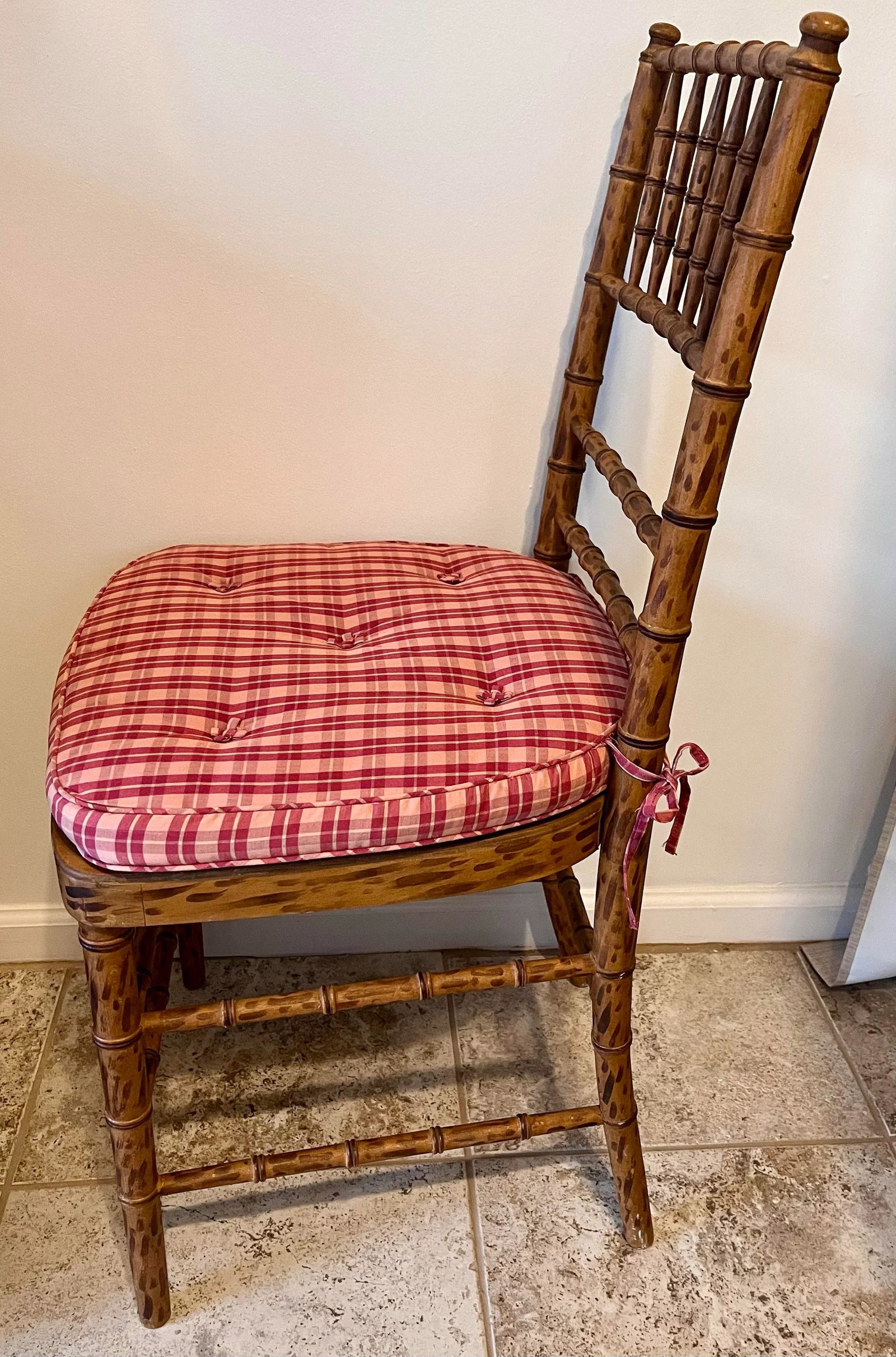 Mid 20th Century Faux Bamboo Tortoise Shell Finish Chair Made in Spain With Custom Red Raspberry Che - 3