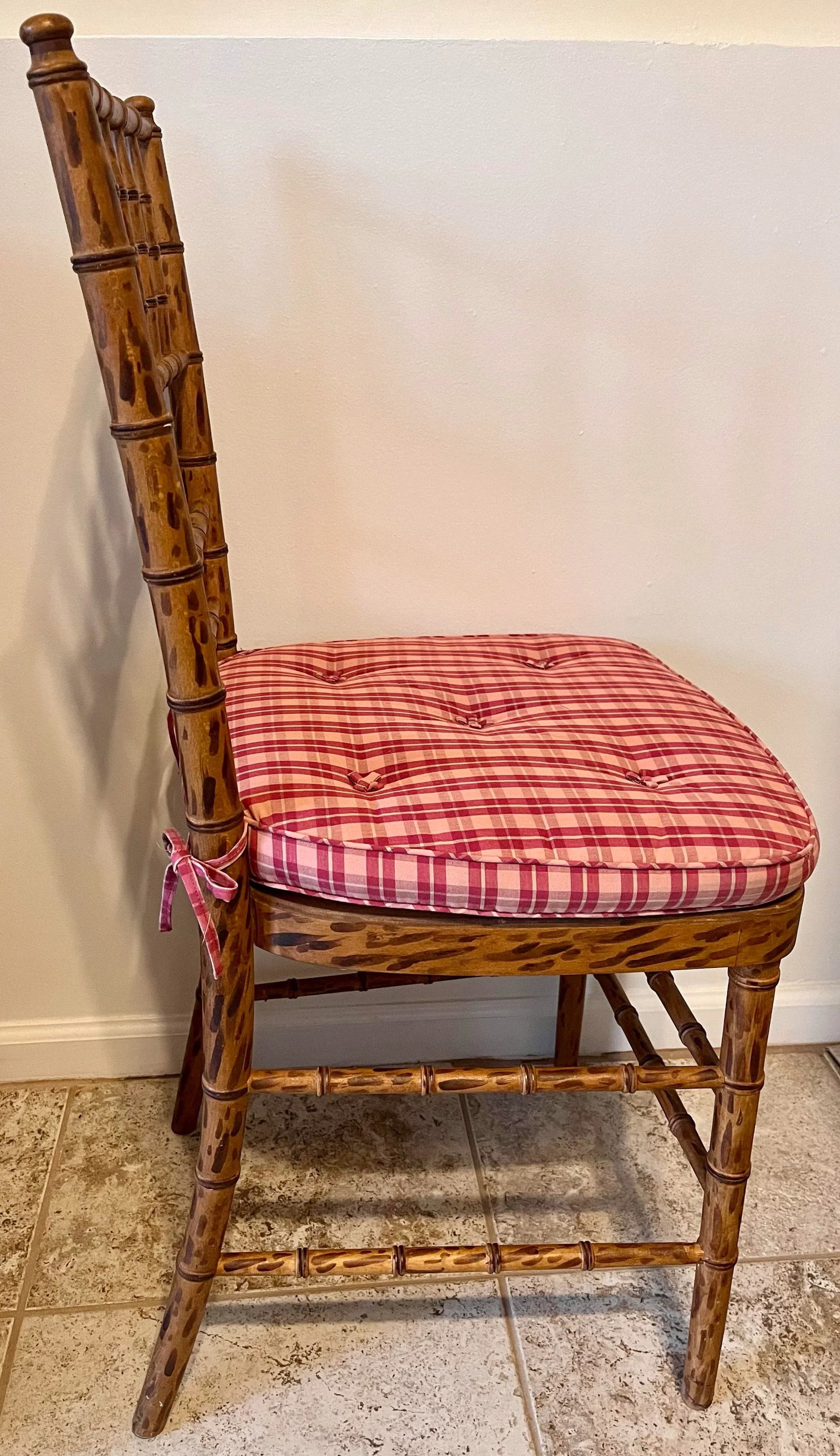 Mid 20th Century Faux Bamboo Tortoise Shell Finish Chair Made in Spain With Custom Red Raspberry Che - 5