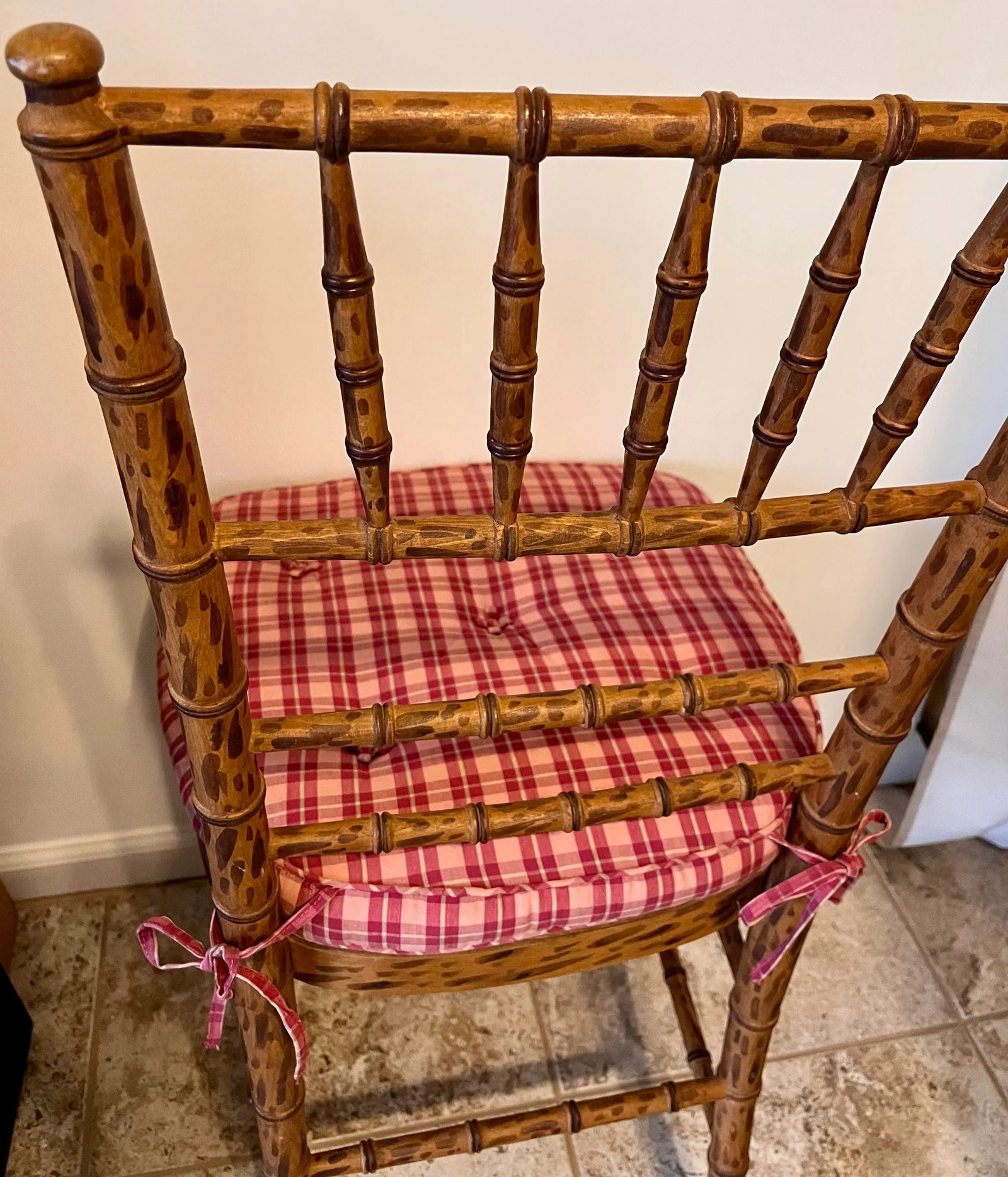 Mid 20th Century Faux Bamboo Tortoise Shell Finish Chair Made in Spain With Custom Red Raspberry Che - 7