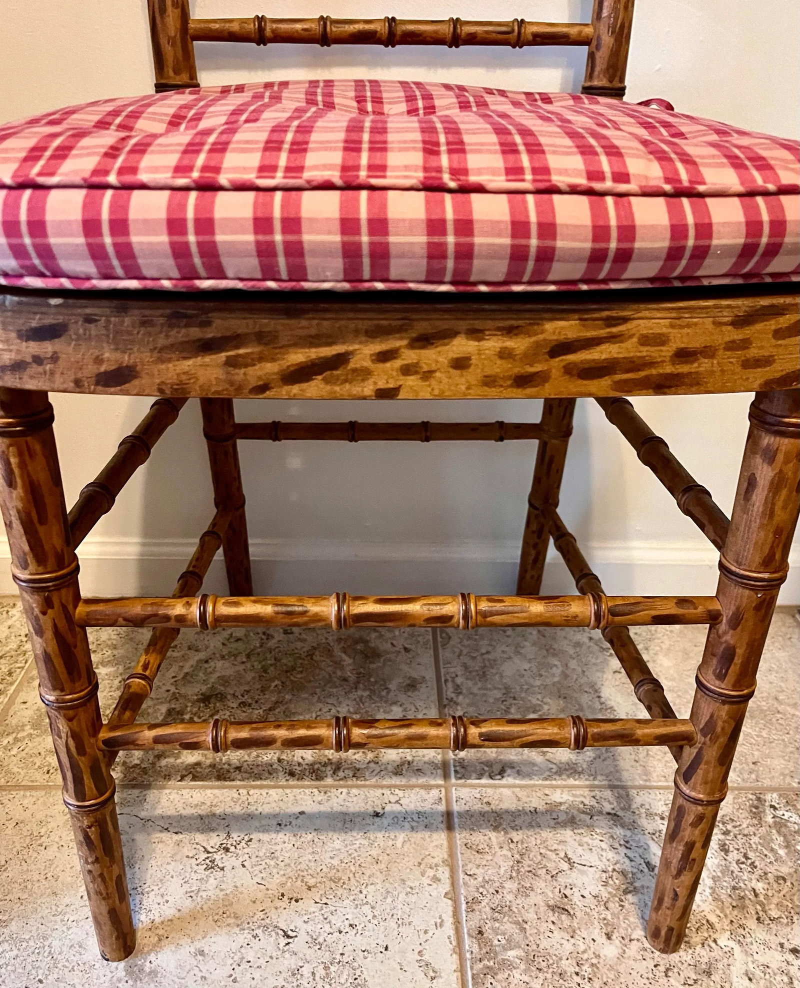 Mid 20th Century Faux Bamboo Tortoise Shell Finish Chair Made in Spain With Custom Red Raspberry Che - 8