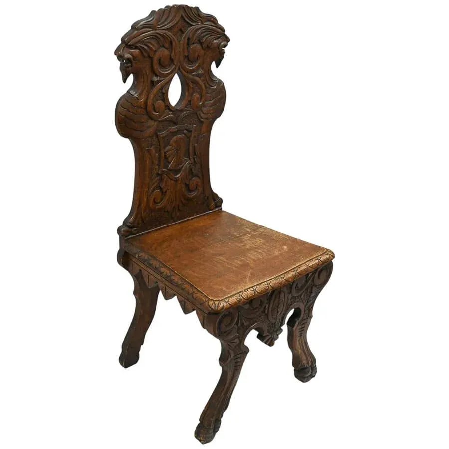 Antique Handcrafted Oak Sgabello Griffon Hall Chair - 2