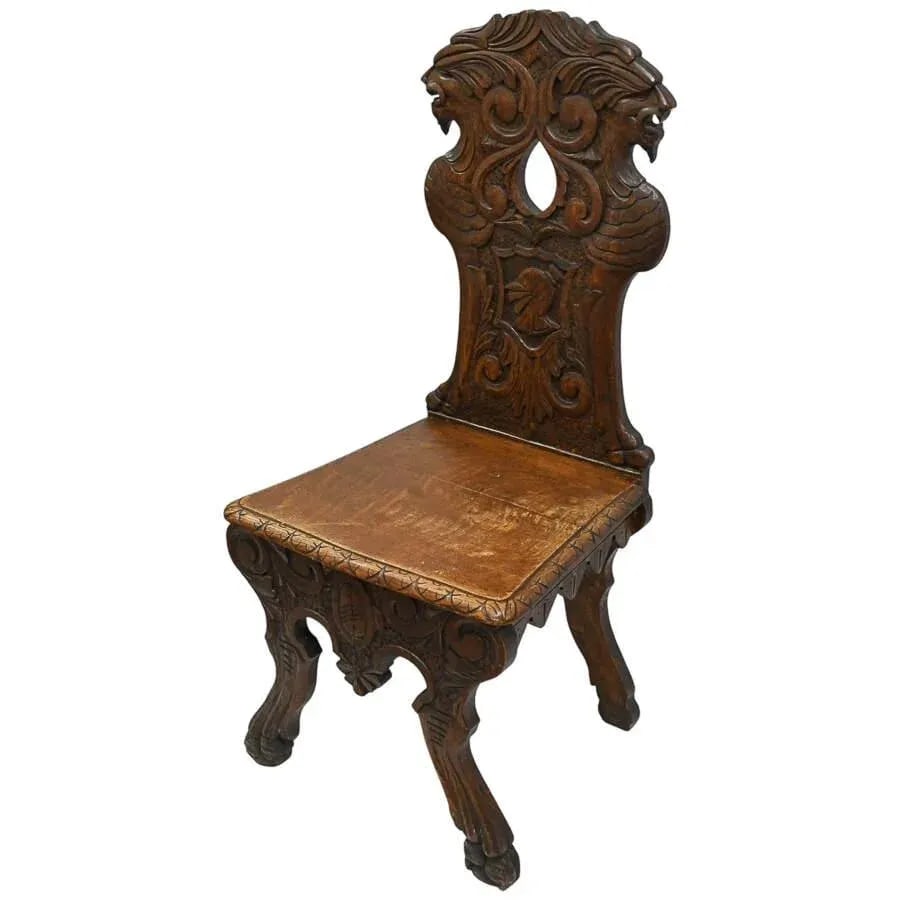 Antique Handcrafted Oak Sgabello Griffon Hall Chair - 3