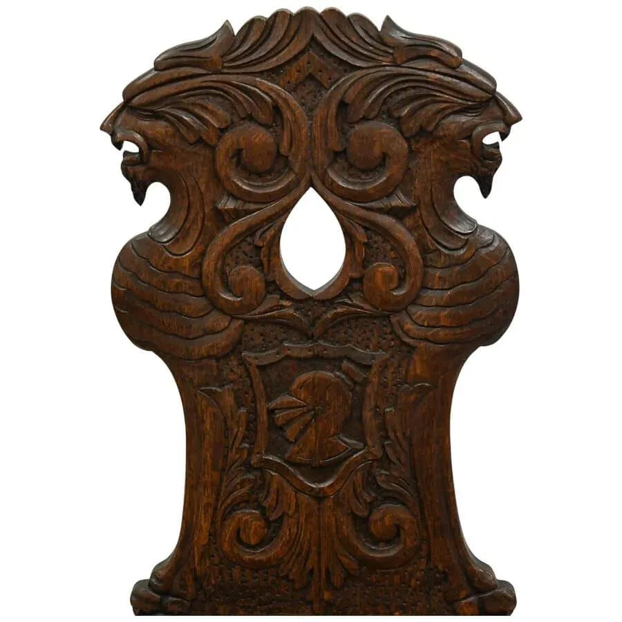 Antique Handcrafted Oak Sgabello Griffon Hall Chair - 5