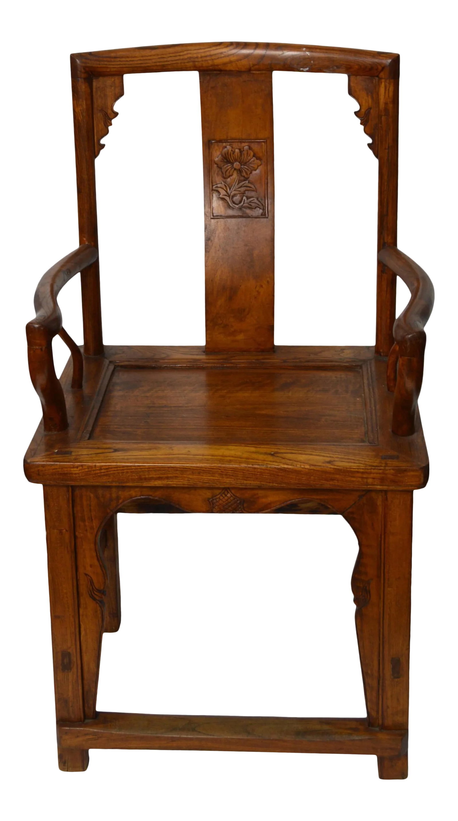 Chinese 19th Century Armchair with Open Arms and Hand-Carved Floral Motifs: A Chinese handmade wooden chair from the 19th century, with hand-carved motifs, serpentine open arms and straight legs with stretchers. This lovely Chinese chair features an open wooden back, adorned