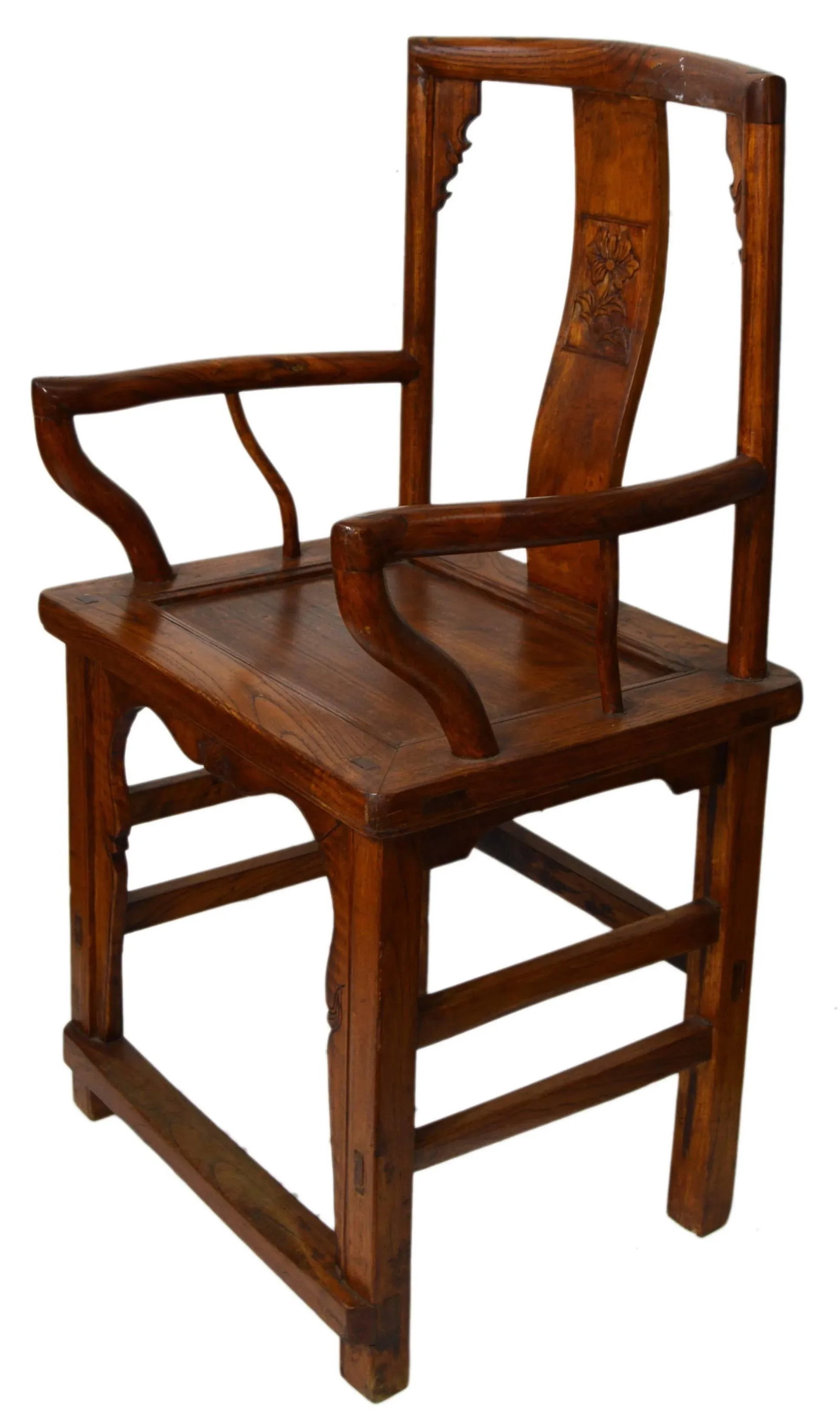 Chinese 19th Century Armchair with Open Arms and Hand-Carved Floral Motifs - 7