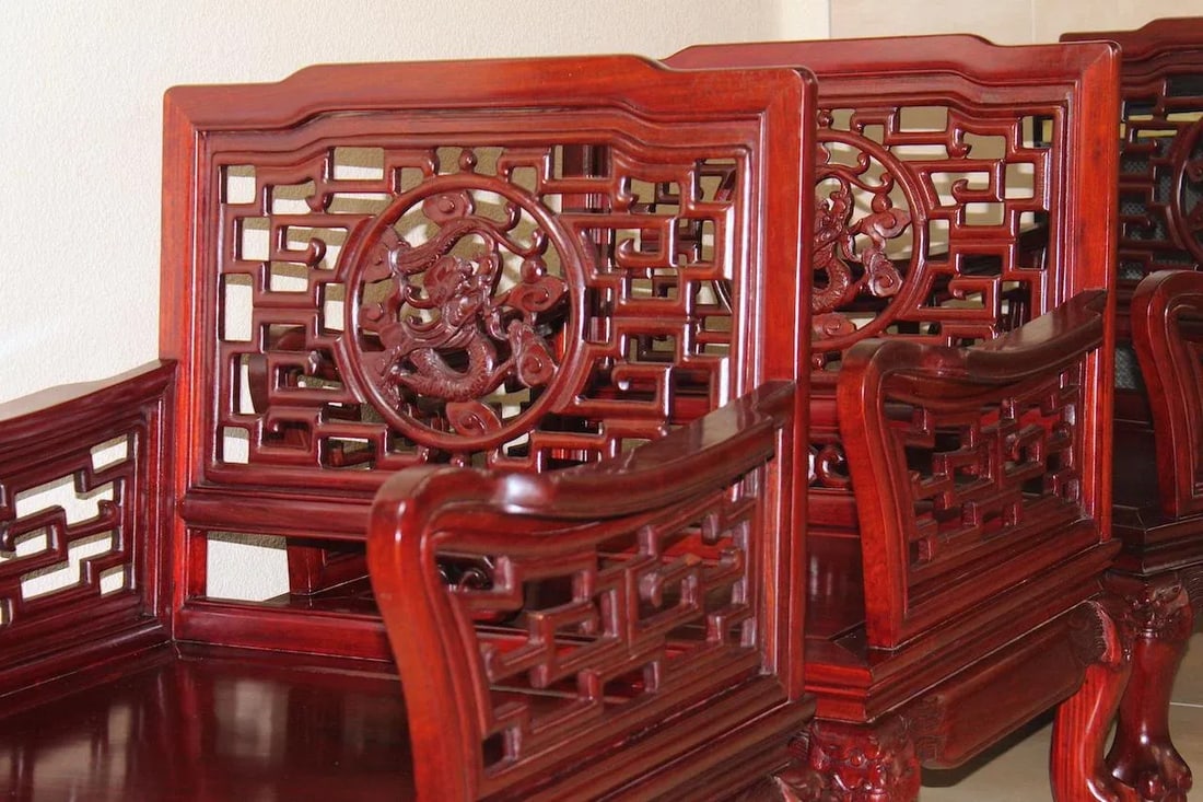 Imperial Dragon Motif Arm Chair With Foo Dog on Legs & Ball & Claw Feet Rosewood - Set of 4 - 2