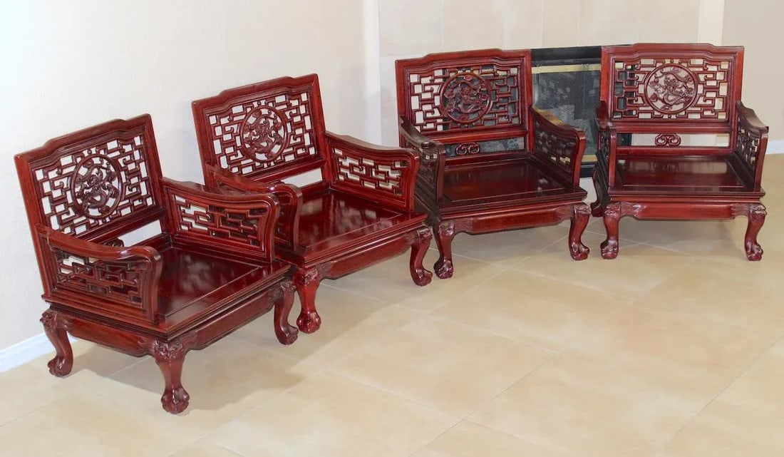 Imperial Dragon Motif Arm Chair With Foo Dog on Legs & Ball & Claw Feet Rosewood - Set of 4 - 3