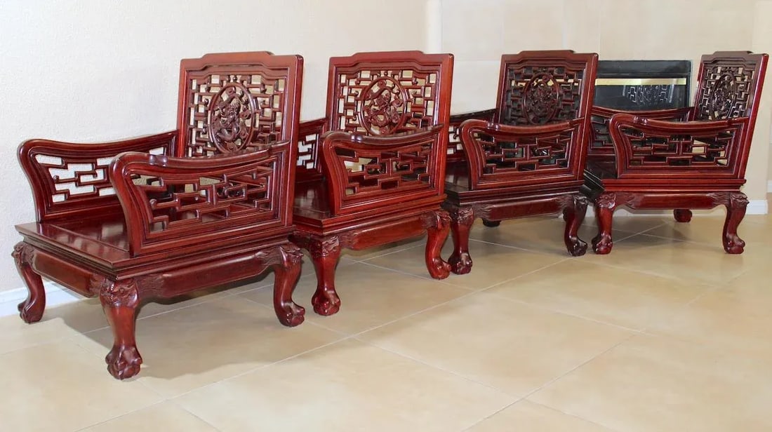 Imperial Dragon Motif Arm Chair With Foo Dog on Legs & Ball & Claw Feet Rosewood - Set of 4 - 4