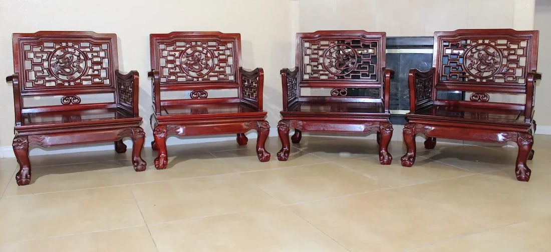 Imperial Dragon Motif Arm Chair With Foo Dog on Legs & Ball & Claw Feet Rosewood - Set of 4 - 5