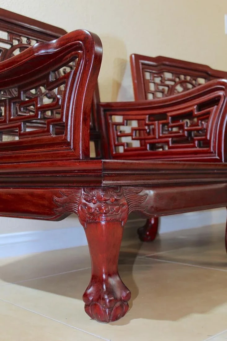 Imperial Dragon Motif Arm Chair With Foo Dog on Legs & Ball & Claw Feet Rosewood - Set of 4 - 6