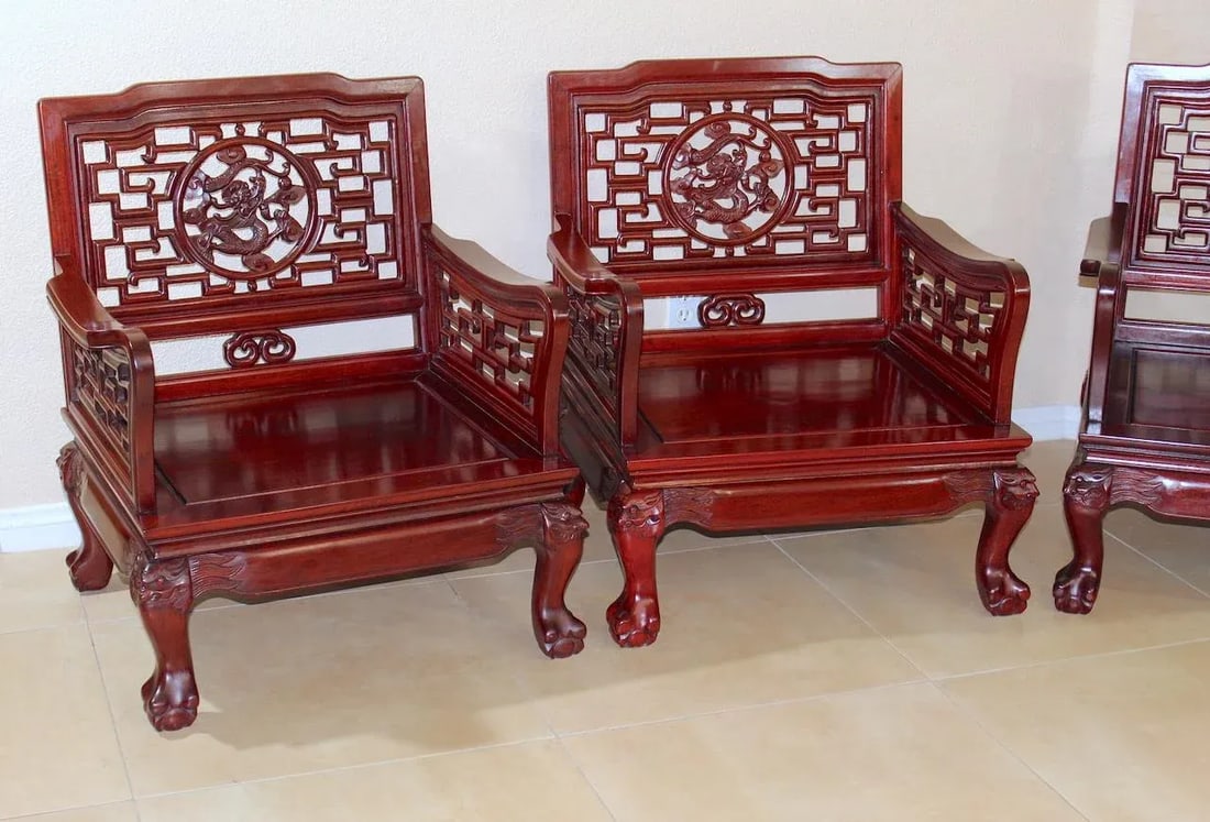 Imperial Dragon Motif Arm Chair With Foo Dog on Legs & Ball & Claw Feet Rosewood - Set of 4 - 7