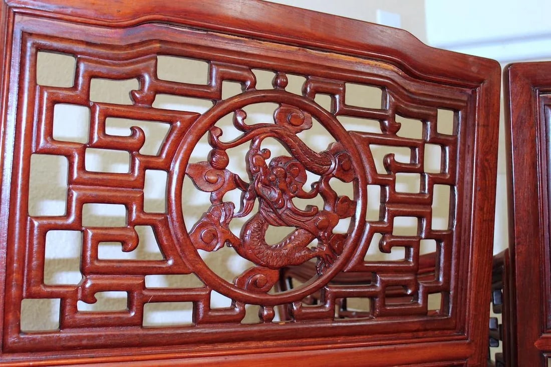 Imperial Dragon Motif Arm Chair With Foo Dog on Legs & Ball & Claw Feet Rosewood - Set of 4 - 8