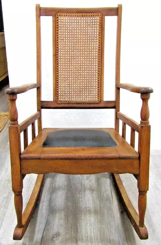 1920s Antique Mission Style Oak Cane Back Black Leather Seat Rocking Chair - 2