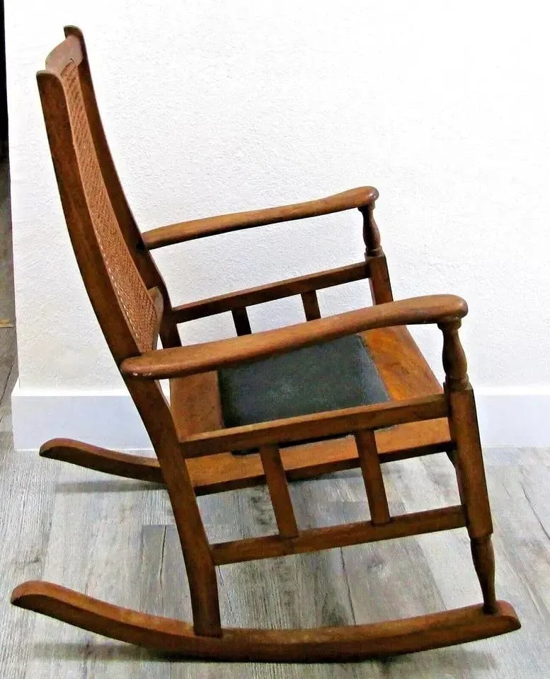 1920s Antique Mission Style Oak Cane Back Black Leather Seat Rocking Chair - 4