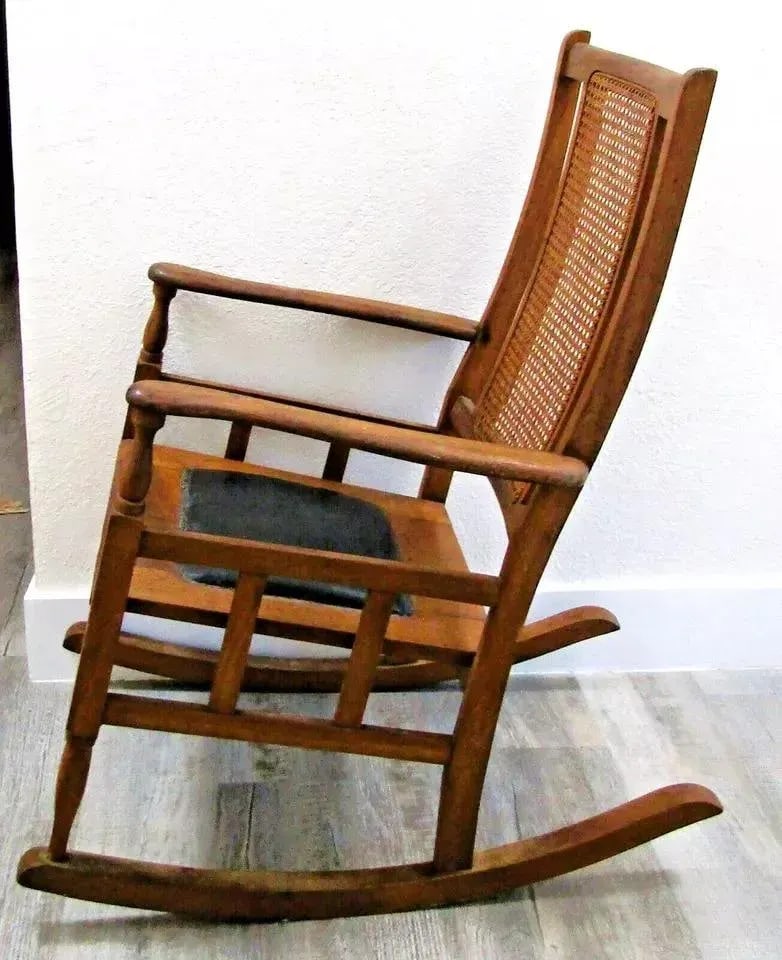 1920s Antique Mission Style Oak Cane Back Black Leather Seat Rocking Chair - 8