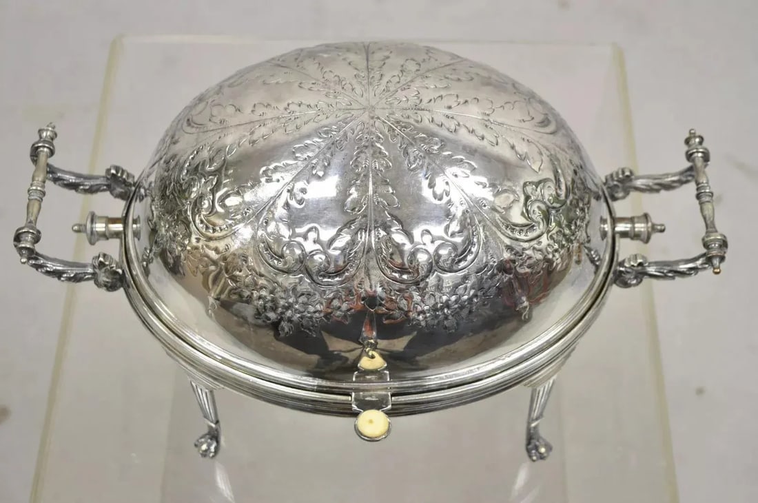 Antique Edwardian Silver Plated Revolving Dome Oval Chafing Dish Food Warmer - 2
