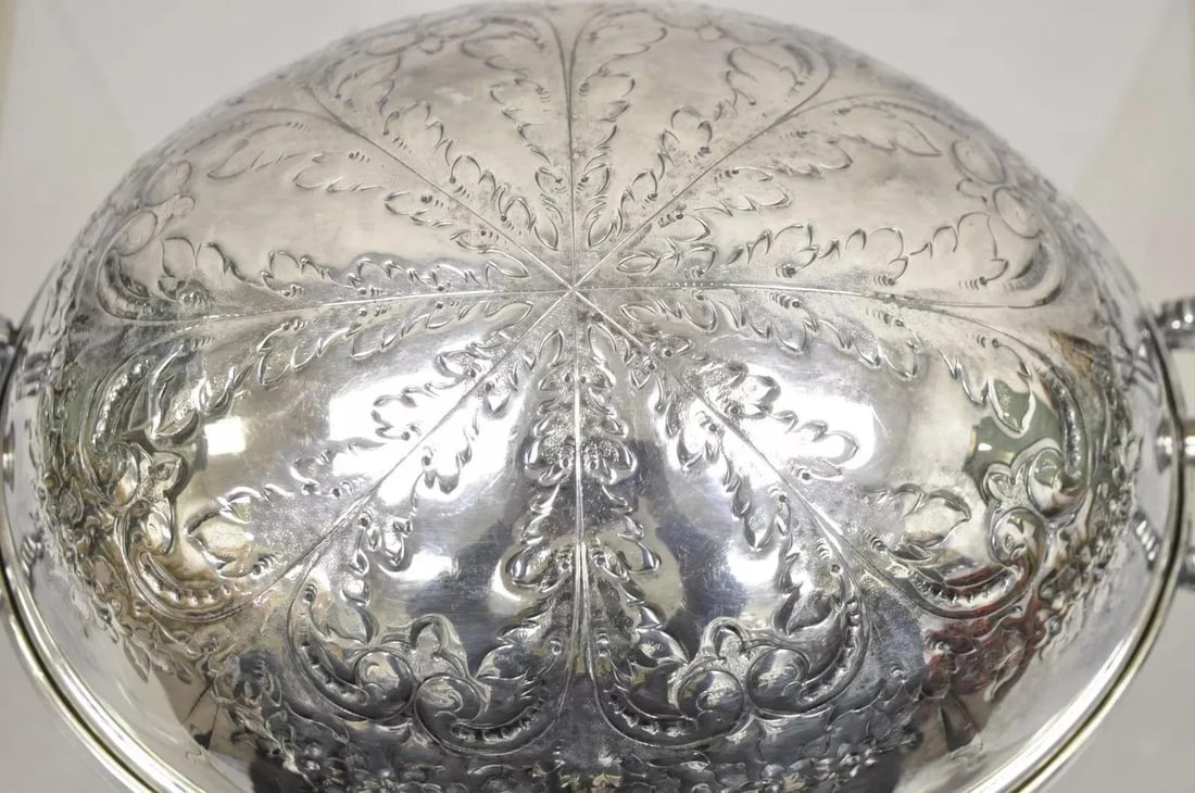 Antique Edwardian Silver Plated Revolving Dome Oval Chafing Dish Food Warmer - 3