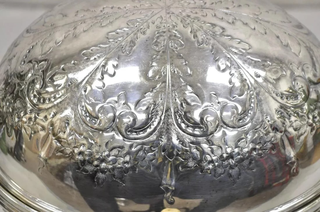 Antique Edwardian Silver Plated Revolving Dome Oval Chafing Dish Food Warmer - 4