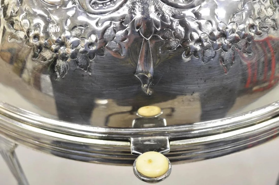 Antique Edwardian Silver Plated Revolving Dome Oval Chafing Dish Food Warmer - 7