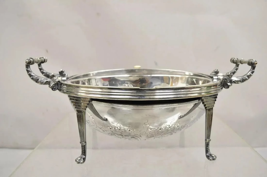 Antique Edwardian Silver Plated Revolving Dome Oval Chafing Dish Food Warmer - 9