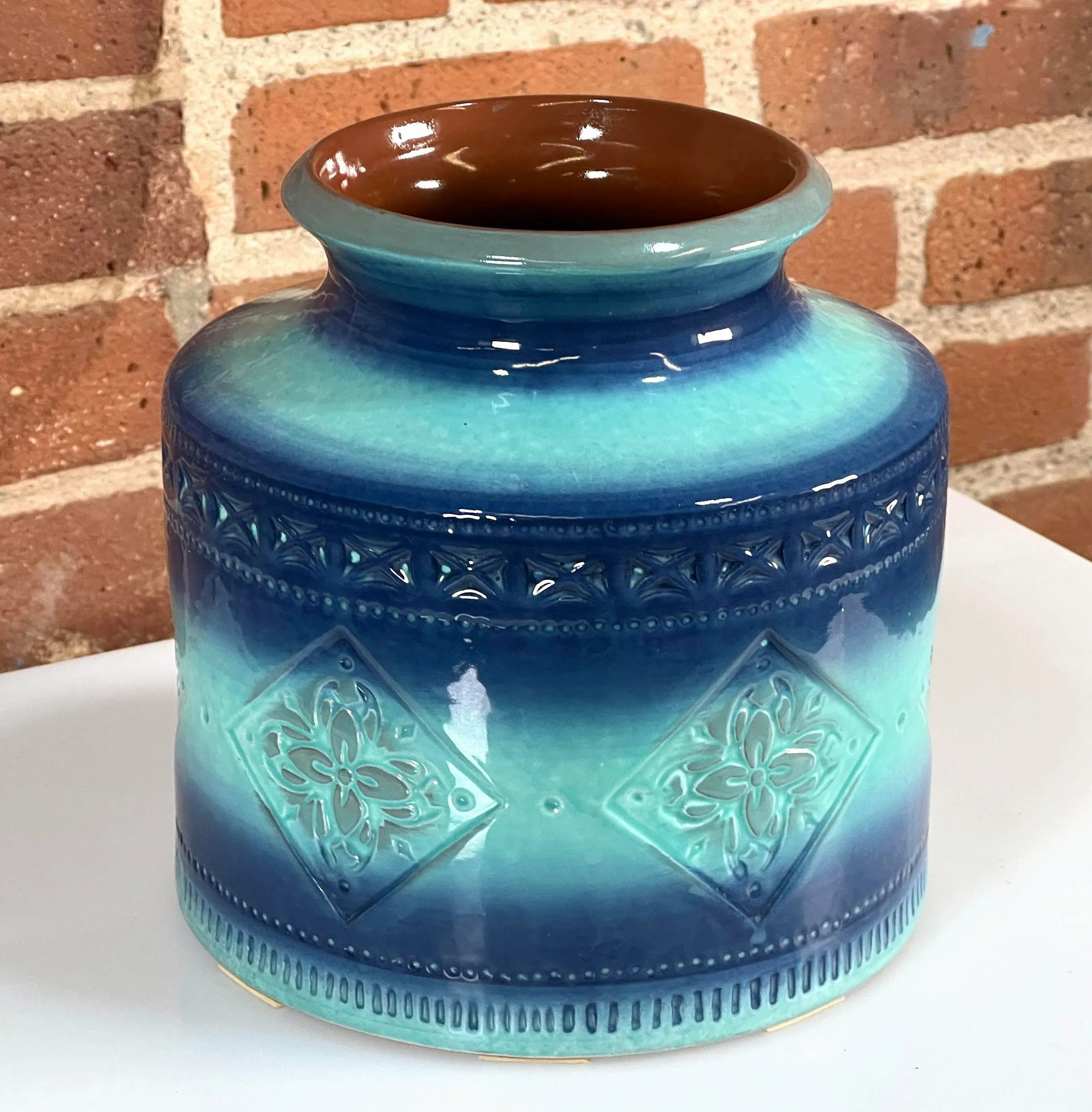Vintage Italian Modern Bitossi Art Pottery Blue & Turquoise Large Vase - 2