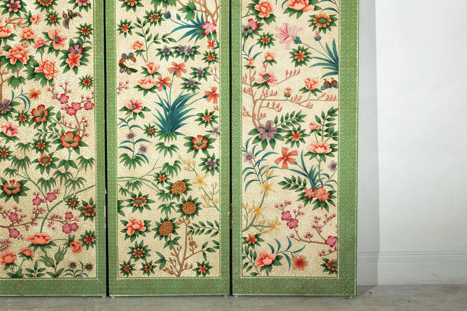 Hand-Painted Floral Screen with Butterflies, Vintage Four-Panel Divider - 2