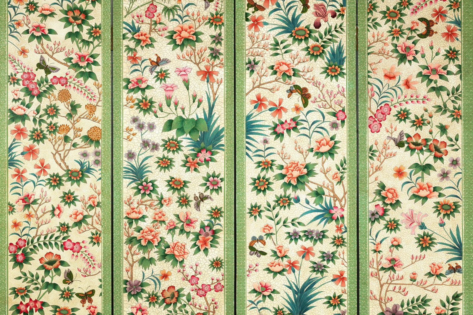 Hand-Painted Floral Screen with Butterflies, Vintage Four-Panel Divider - 4