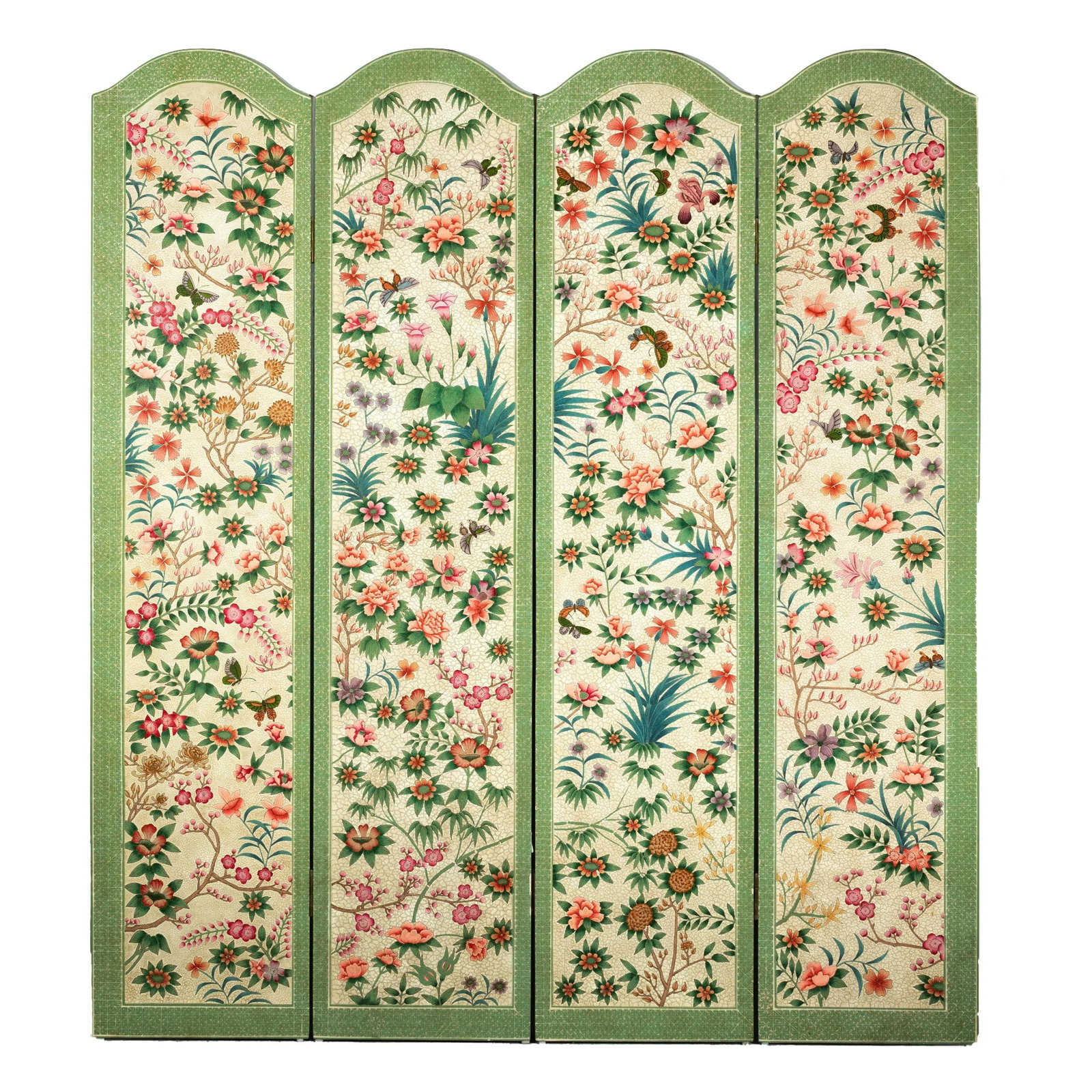 Hand-Painted Floral Screen with Butterflies, Vintage Four-Panel Divider - 7