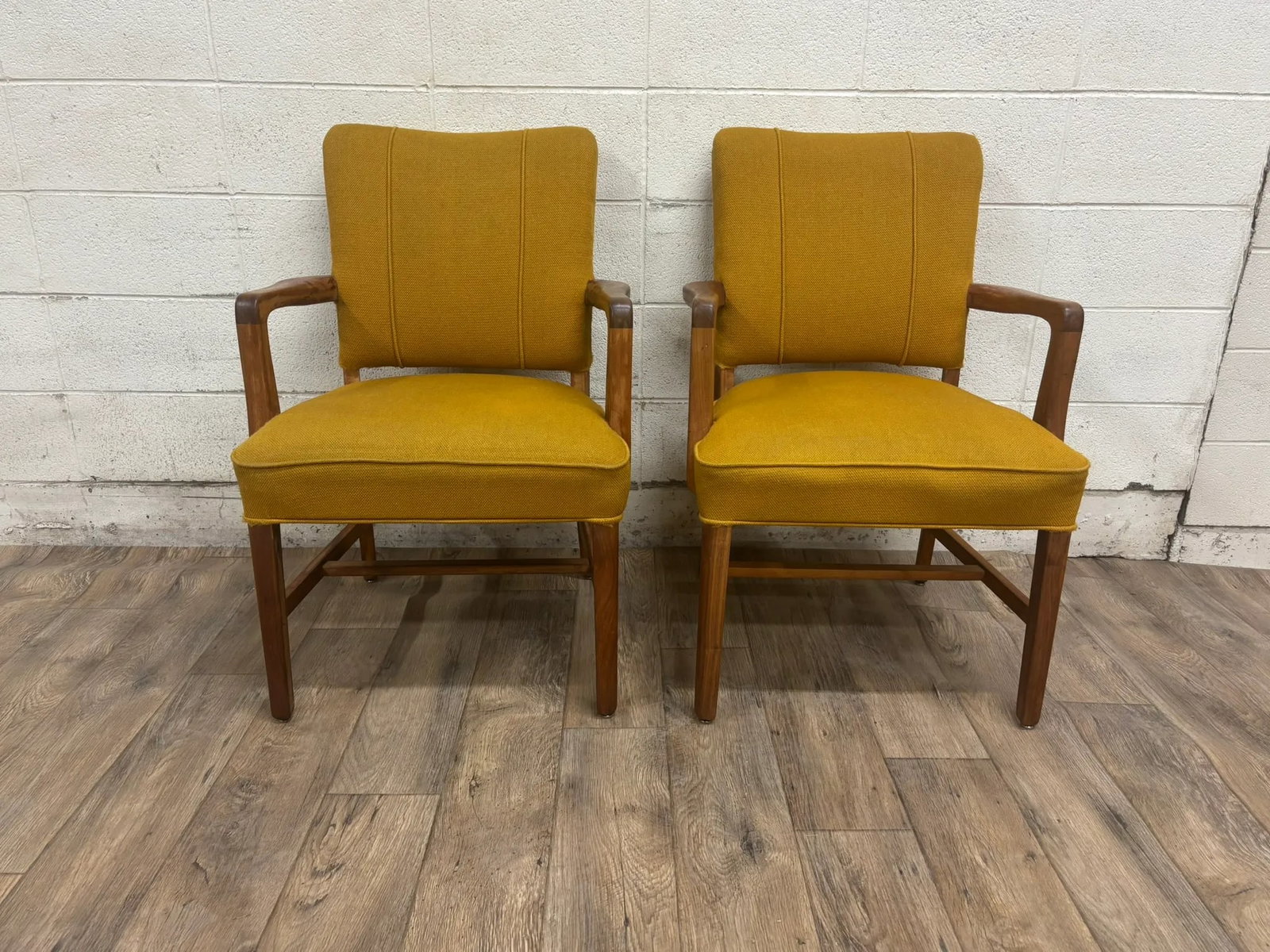 Vintage Art Deco MCM Style Yellow Upholstered Walnut Armchairs - Pair - 2
