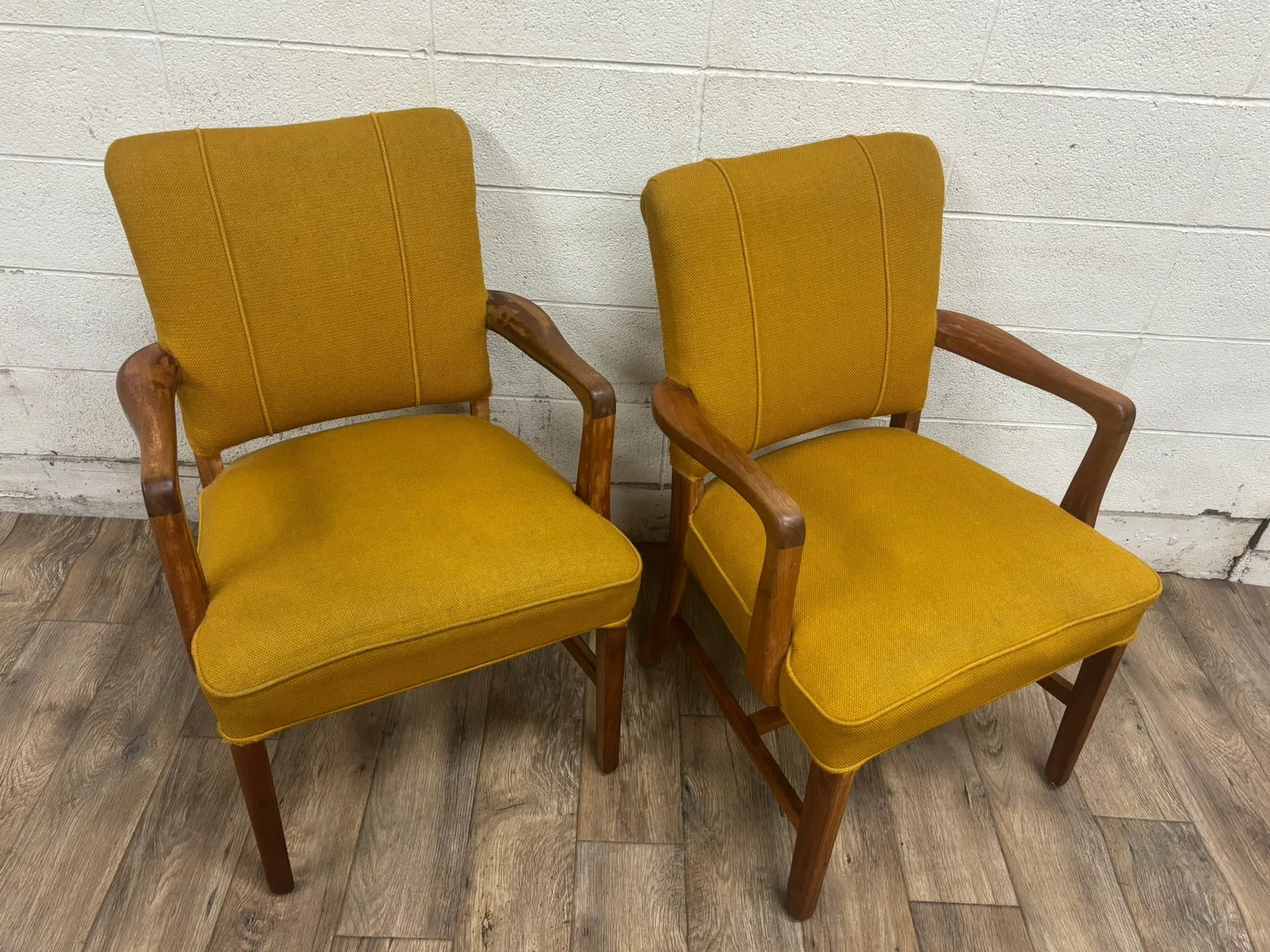 Vintage Art Deco MCM Style Yellow Upholstered Walnut Armchairs - Pair - 3