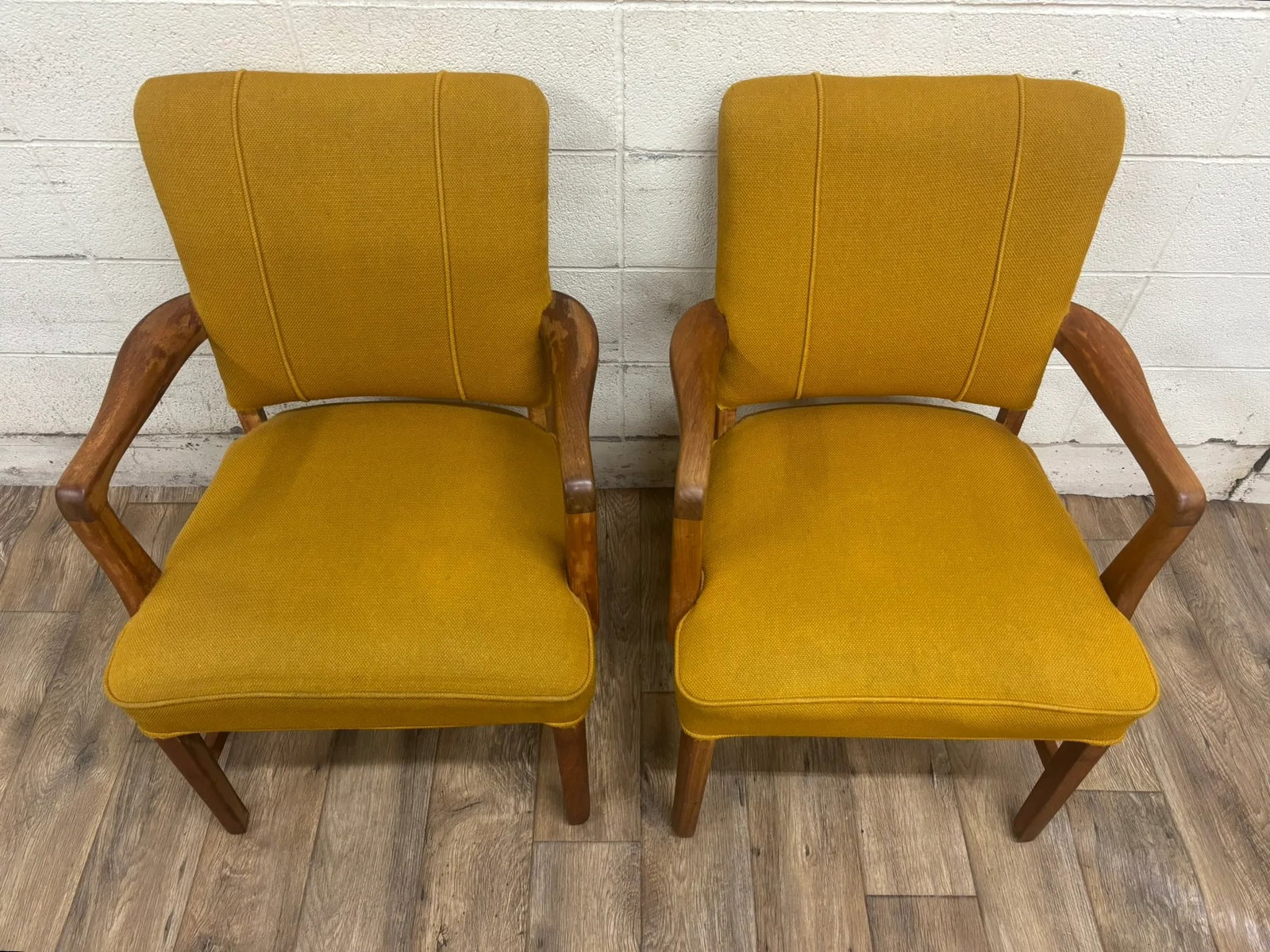 Vintage Art Deco MCM Style Yellow Upholstered Walnut Armchairs - Pair - 4