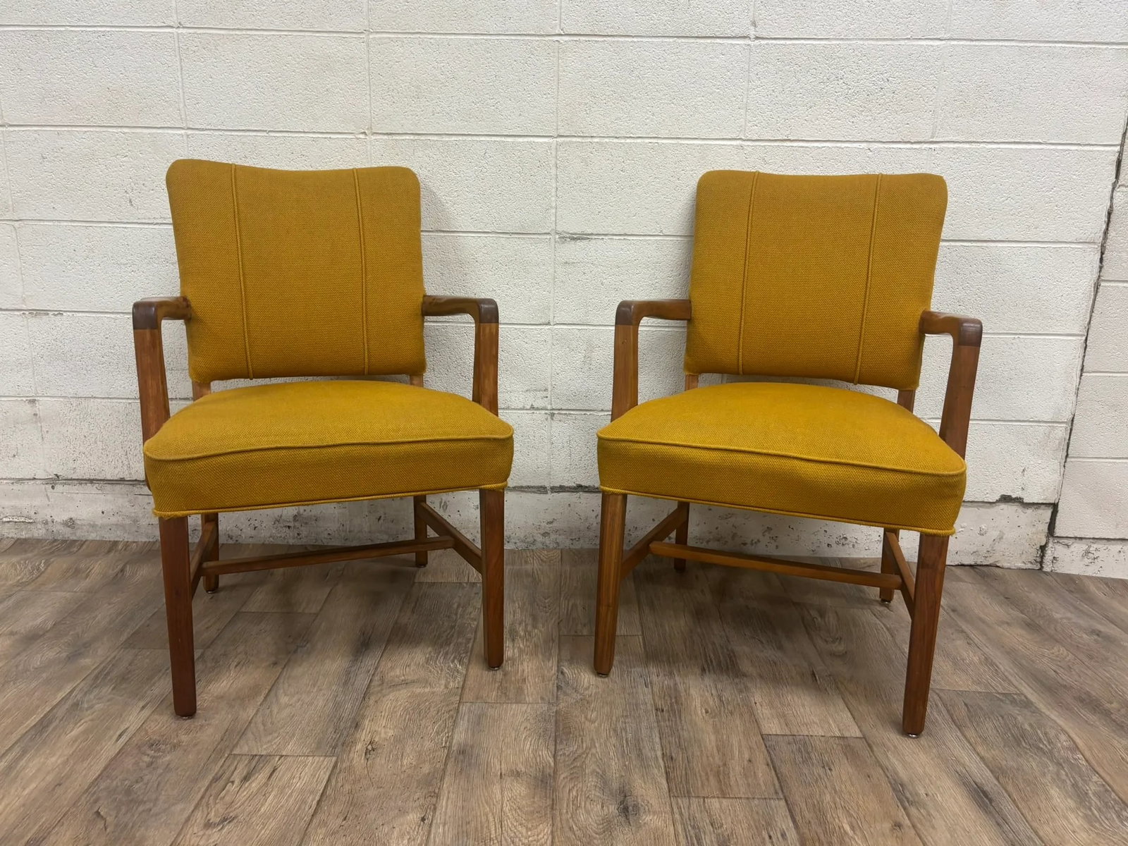 Vintage Art Deco MCM Style Yellow Upholstered Walnut Armchairs - Pair - 5