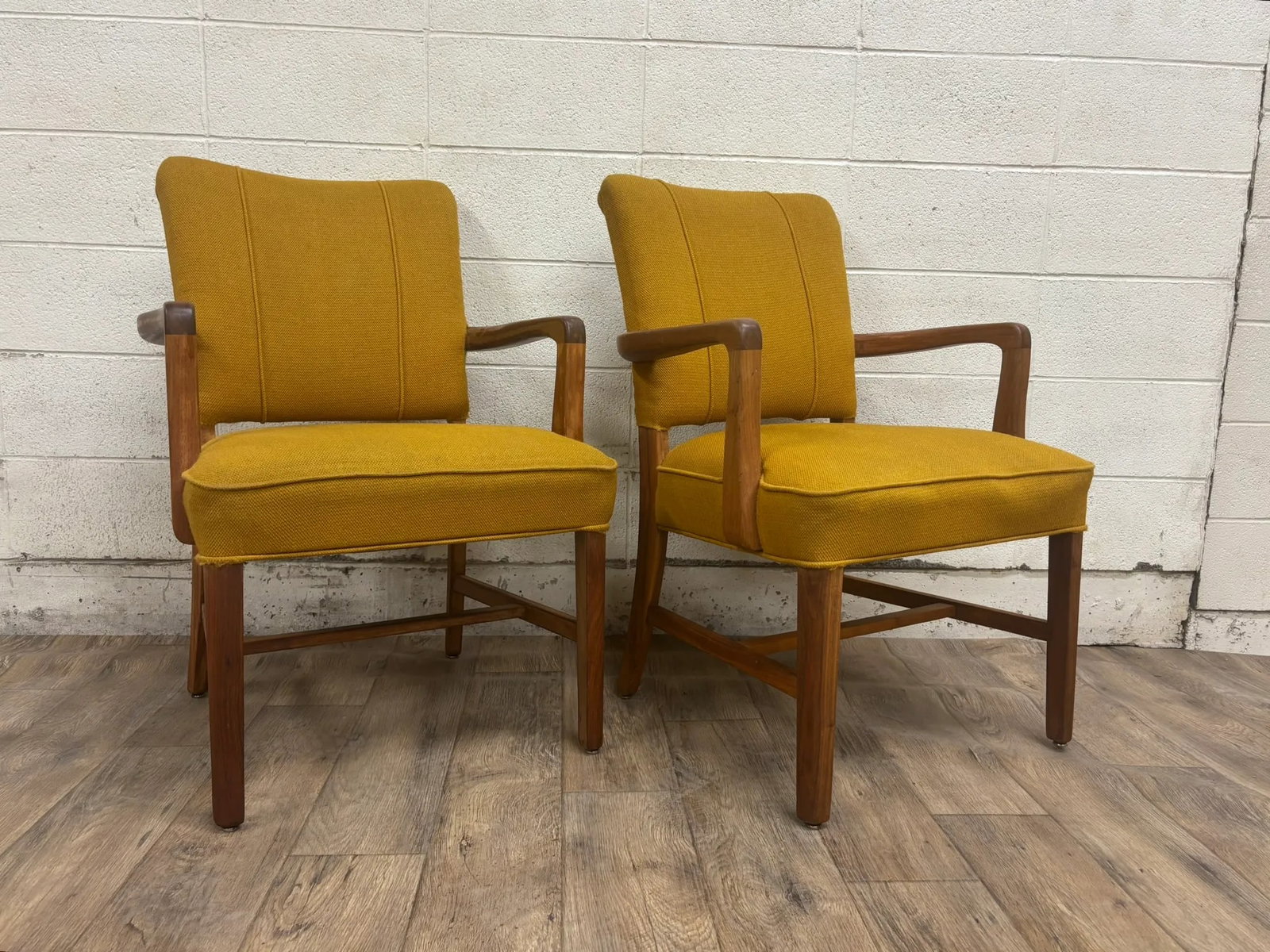 Vintage Art Deco MCM Style Yellow Upholstered Walnut Armchairs - Pair - 6