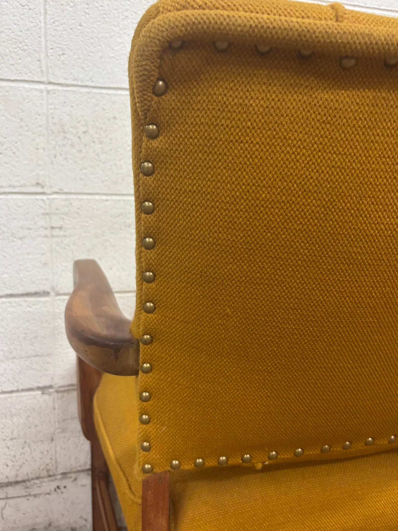Vintage Art Deco MCM Style Yellow Upholstered Walnut Armchairs - Pair - 7