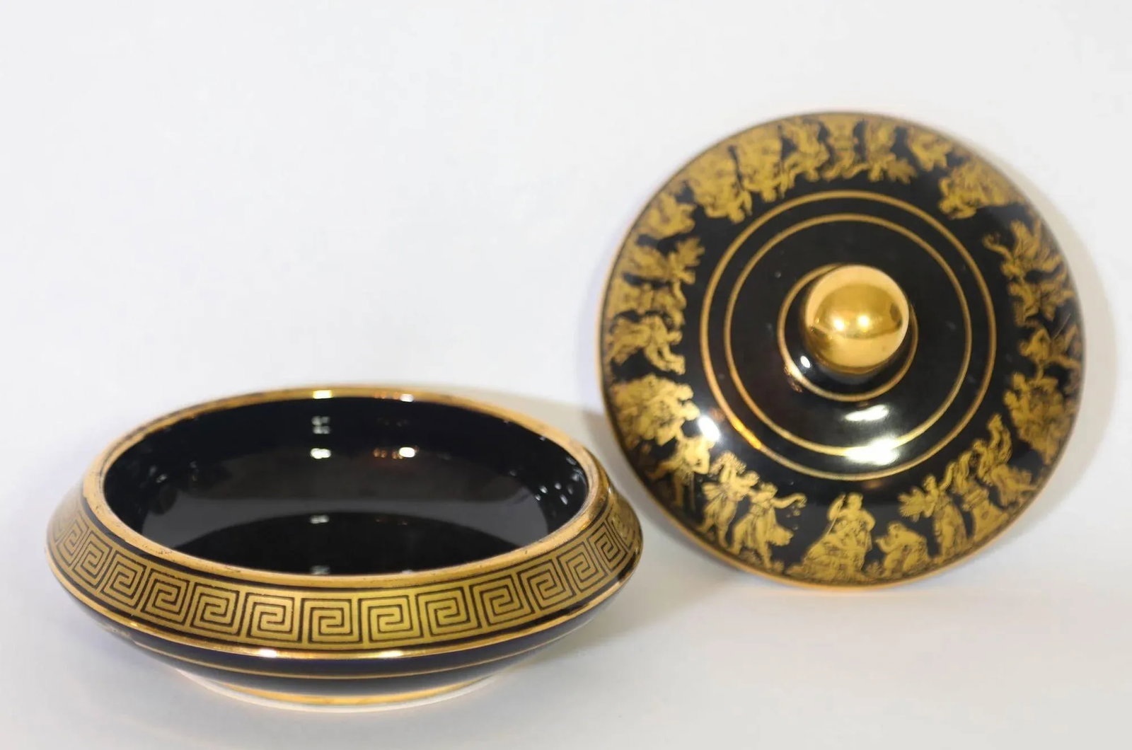 Black With 24k Gold Porcelain Jar With Lid Made in Greece by Spyropoulos 1960s - 6